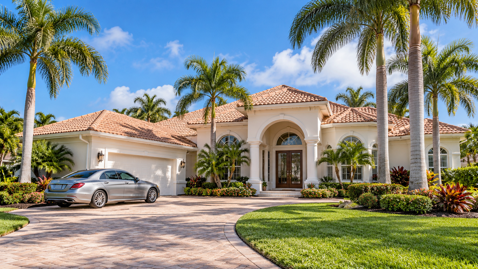 Florida home with palm trees, a green lawn and a car in the driveway